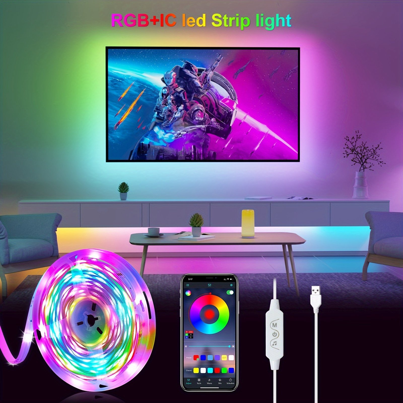 product-fancy-6faf39b7-fccc-4458-922a-0888cfad1920.jpg Rgb+Ic Led Strip Light With App Control, 3-Key Remote, Multi-Mode Dimming, Music Sync, Usb Powered, Non-Waterproof, Built-In Mic, For Pc, Tv, Bedroom, Dining, Living, Gaming, Bar, Party - Indoor Use, 99.97Cm-10.0Meter - Image 1