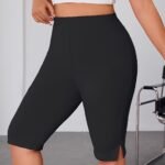 Plus Size, Plus Size High-Waisted Leggings With Side Slit - Stretchy Solid Black Pants For Women, Machine Washable & Dry Cleanable, Spring Summer Fall Casual Wear, Pants, Seasonal, Highwaisted Design, Medium Elasticity, Nontransparent Fabric, Bottoms, Breathable Material, Enthusiasts