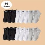 8/10/16/20/24 Double Black And White Gray Solid Color Love Couple'S Japanese Cute Breathable Odor Proof Ins Style Versatile Women'S Short Socks For Daily Use - Image 11
