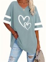 Women'S Casual V-Neck Short Sleeve T-Shirt - Royal Blue With White Heart Print, Breathable Fabric, Machine Washable For Spring Summer Fall, Seasonal Fashion, Striped Detailing, Relaxed Fit Shirt - Image 10