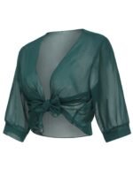 Solid Color Tie Front Crop Blouse, Versatile Half Sleeve Blouse For Spring & Summer, Women'S Clothing