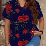 Plus Size Rose Print V Neck T-Shirt, Casual Short Sleeve Top For Spring & Summer, Women'S Plus Size Clothing