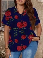 Plus Size Rose Print V Neck T-Shirt, Casual Short Sleeve Top For Spring & Summer, Women'S Plus Size Clothing