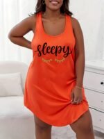 Plus Size Women'S Casual Sleep Dress - "Sleepy" Letter Print With Playful Leaf Accents, Vibrant Orange Round Neck Tank Nightgown, Front Short Back Long Hem, Machine Washable All-Season Lounge Wear, Sleep Shirt, Comfortable Sleepwear, Cozy Fit Design, Relaxed Fit Nightgown - Image 5