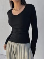Women'S Slim-Fit Ribbed Long Sleeve Top - Solid Black Round Neck Stretch Shirt, All-Season Machine Washable Elegant Casual & Formal Wear, Versatile Clothing, Sophisticated Style, Durable Clothing, Stretchy Fabric, Everyday Outfit, Slim Fit, Comfortable Fit, Fitted Blouse, Office Women - Image 4