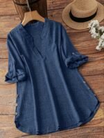 Plus Size Women'S New Shirt In Minimalist Style With V-Neck And Long Sleeves, Faux Button Design - Image 7