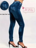 Plus Size - Women'S High-Waisted Stretch Denim Print Leggings - Purple & White Striped Design, Comfortable All-Season Casual Wear, Perfect For & Casual Attire, High Waisted Leggings - Image 3
