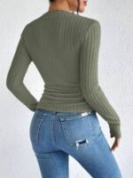 Women'S Elegant Ribbed Pullover Sweater - Solid Color Round Neck Long Sleeve, Medium Stretch Machine Washable Fall Winter Tops For Casual & Formal Wear, Sweater, Everyday Comfort Wear, Textured Fabric - Image 4