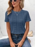Solid Color Eyelet Embroidered T-Shirt, Elegant Short Sleeve T-Shirt For Spring & Summer, Women'S Clothing - Image 6