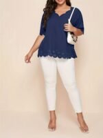 Plus Size Elegant V-Neck Blouse With Short Puff Sleeves - Navy Blue, Lace Embroidery Detail, Non-Stretch Fabric, All-Season Shirt For Women, Casual Attire|Vneck Blouse|Lace Embroidery - Image 7