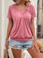 Solid Color V Neck T-Shirt, Casual Short Sleeve T-Shirt For Spring & Summer, Women'S Clothing - Image 4