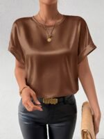 Women'S Batwing Short Sleeve Round Neck Blouse - Elegant Solid Color Non-See-Through Shirt, Machine Washable Lightweight Top For Spring Summer Fall, Versatile Casual & Formal Wear, Seasonal Fashion, Sophisticated Casual, Nonseethrough Fabric - Image 3
