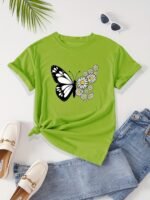 Women'S Casual Butterfly & Daisy Floral Print Round Neck T-Shirt - Olive Green, Machine Washable, Regular Fit For Casual Attire, Allseason Fashion, Relaxed Style, Nontransparent Fabric - Image 8