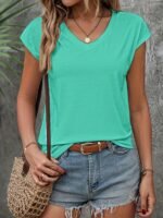 Women'S Casual V-Neck Top - Short Sleeve, Solid Black, Stretchy & Breathable Polyester Blend, Perfect For Spring/Summer/Fall, Versatile Clothing | Vneck Design | Construction - Image 5