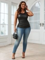 Plus Size Casual Sleeveless Tank Top - Deep U-Neck Backless Design, Stretchy 100% Polyester, Machine Washable, Solid Black For Casual Attire & All-Season Comfort - Image 9