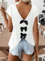Women'S Casual Bowknot Short Sleeve T-Shirt - Black V-Neck With White Bow Detail, Perfect For Summer Outings And Casual Attire, Everyday Top | Bowknot Detailing | Stylish Accessory - Image 5