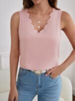 Women'S Casual Summer Sleeveless Top - Solid Beige V-Neck, Ribbed Detail, Casual Summer Top|Vneck Top|Casual Style - Image 4