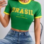 Letter Print Crew Neck T-Shirt, Y2K Short Sleeve Crop T-Shirt For Spring & Summer, Women'S Clothing