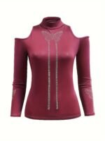 Rhinestone Butterfly Print Mock Neck T-Shirt, Casual Cold Shoulder Long Sleeve Top For Spring & Fall, Women'S Clothing - Image 6