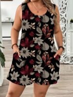 Women'S Plus Size Floral Print Sleeveless Knit Jumpsuit - Gray, Black & White Flower Design, Round Neck, Backless With Pockets, Perfect For Summer Vacations, Casual Outings Attire | Floral Print Jumpsuit | Knit Constructio - Image 10