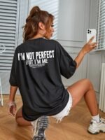 Women'S Black Casual Letter Print T-Shirt - "I'M Not Perfect But I'M Honest" Design, Loose Fit Crew Neck Short Sleeve Top, Soft Polyester Blend, Machine Washable, Casual Attire - Image 5