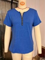 Women'S Elegant V-Neck Short Sleeve T-Shirt With Zipper Detail - High Stretch, All-Over Print, Short Sleeve Tee For Spring/Summer/Fall - Image 5