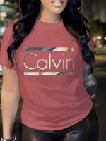 1Pc Stylish Letter Print Women'S Casual Sport Black Dark Grey White Apricot Brick Red Matcha Round Neck Pullover T-Shirt Polyester Spandex Comfortable Short Sleeve Top - Image 3