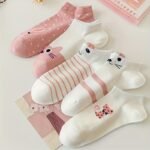 5 Pairs Women'S Cute Cartoon Cat Print Ankle Socks - Breathable Fabric, Assorted Patterns (Stripes, Polka Dots, Hearts) In Pink, White & Beige, Perfect For Casual Attire, Cute Socks - Image 2