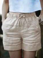 Women'S High-Waisted Blend Casual Shorts, Solid Color, Non-Stretch Fabric, Spring Summer Autumn, Wide Waistband And Slant Pocket, Linen Texture - Image 3
