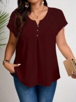 Women'S Plus Size Casual Top - Elegant Maroon Blouse With Contrast Lace Detail, Non-Stretch Fabric, Perfect For Spring/Summer/Fall, Plus Size Blouses - Image 8