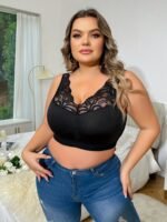 Women'S Elegant Lingerie, Plus Size Contrast Lace Full Cover Wide Straps Bralette