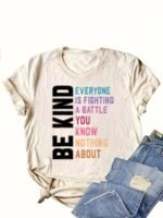 Women'S Casual Crew Neck Short Sleeve T-Shirt - "Be Kind" Inspirational Quote, Loose Fit, Geometric Pattern, Summer Essential, Summer Casual Wear | Casual Loose Fit Tee | Graphic Print Shir - Image 5