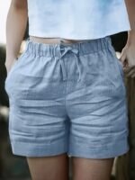 Women'S High-Waisted Blend Casual Shorts, Solid Color, Non-Stretch Fabric, Spring Summer Autumn, Wide Waistband And Slant Pocket, Linen Texture - Image 9