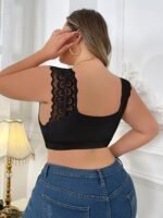 1Pc Elegant Lace Trimmed Polyester Knit Fabric Bra, High Stretch Solid Color Wireless Bralette With Contrast Lace Detail, No Padding - Image 3