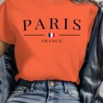 Paris France Casual Crew Neck T-Shirt - Geometric Pattern, Polyester Knit Fabric, Regular Length, Summer Wear, Soft And Comfortable