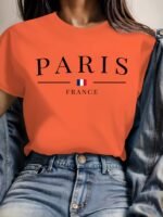 Paris France Casual Crew Neck T-Shirt - Geometric Pattern, Polyester Knit Fabric, Regular Length, Summer Wear, Soft And Comfortable