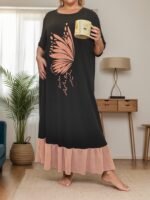 Cozy Plus Size Women'S Sleep Dress - Vintage Butterfly Print, Short Sleeve & Long Skirt Lounge Robe, Machine Washable, Autumn Winter, Home Wear - Image 6