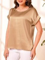 Solid Crew Neck Short Sleeve T-Shirt, Elegant Top For Spring & Fall, Women'S Clothing - Image 8