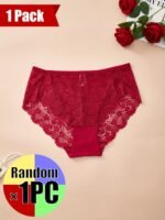 Plus Size High Stretch Polyamide Briefs With Contrast Lace Detail, Sexy Hollow Out Knit Fabric Panties For Women - 1Pc Pack - Image 4