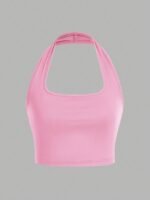 Women'S White Halter Neck Sports Crop Top - Stretchy Breathable Backless Tank Top For Summer Workouts & Casual Wear, Machine Washable Sleeveless Shirt, Gym Apparel, Smooth Texture - Image 8