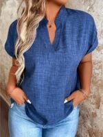 Women'S Casual V-Neck Blouse With Small Stand-Up Collar - Vibrant Yellow Solid Color, Regular Fit, Machine Washable, Versatile For Spring Summer Fall, Seasonal Fashion Top, Sophisticated Casualwear, Lightweight Fabric, Everyday Top, Classic Style, Breathable Material, Stylish Top, Office Casual - Image 7