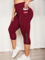 Plus Size Mesh Seven-Split Pants With Pockets, High-Waisted Tummy Control Workout Running Yoga Leggings, Women'S Sportswear - Image 4