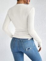 Women'S Elegant Ribbed Pullover Sweater - Solid Color Round Neck Long Sleeve, Medium Stretch Machine Washable Fall Winter Tops For Casual & Formal Wear, Sweater, Everyday Comfort Wear, Textured Fabric - Image 6