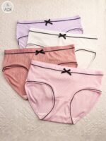 4Pcs Women'S Mid-Rise Briefs With Chic Bow Detail - Breathable & Comfortable Ribbed Texture In Assorted Colors, Stretchy Polyester Blend, Non-See-Through - Perfect For Casual Attire - Image 2