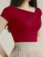 Women'S Elegant Asymmetrical Neckline Ruched Slim Fit Short Sleeve T-Shirt - Solid Color, Medium Stretch, Spring/Summer Casual & Formal Wear, Ladies T Shirts, Summer Outfit, Chic Style, Stretchy Fabric, Fitted Shirt, Summer Wardrobe