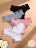 4Pcs Women'S Lingerie Briefs With Lace Trim - Sexy Ribbed Design, Solid Colors (White, Pink, Gray, Black), Soft & Comfortable Underwear For Casual Attire, Lingerie Sets, Comfortable Underwear, Elegant Underwear, Soft Fabric Underwear - Image 9