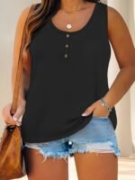 Women'S Plus Size Casual Tank Top With Button Detail - Sleeveless, Solid Color, Stretchy Fabric, Crew Neck, Oversized Fit For Summer Outings, Comfortable Clothing | Relaxed Fit Top | Medium Stretch Materia