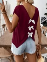 Women'S Casual Bowknot Short Sleeve T-Shirt - Black V-Neck With White Bow Detail, Perfect For Summer Outings And Casual Attire, Everyday Top | Bowknot Detailing | Stylish Accessory - Image 9