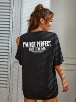 Women'S Black Casual Letter Print T-Shirt - "I'M Not Perfect But I'M Honest" Design, Loose Fit Crew Neck Short Sleeve Top, Soft Polyester Blend, Machine Washable, Casual Attire - Image 3