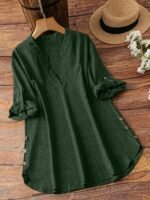 Plus Size Women'S New Shirt In Minimalist Style With V-Neck And Long Sleeves, Faux Button Design - Image 4